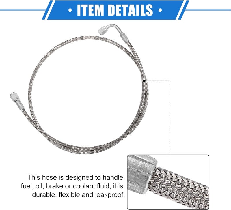 VekAuto AN3 Braided Steel Turbo Oil Feed Line 90 Degree to Straight Hose End, 44" Remote Turbocharger Oil Drain Return Line Universal for Car Durable Stainless Steel PTFE Silver Tone - Image 5
